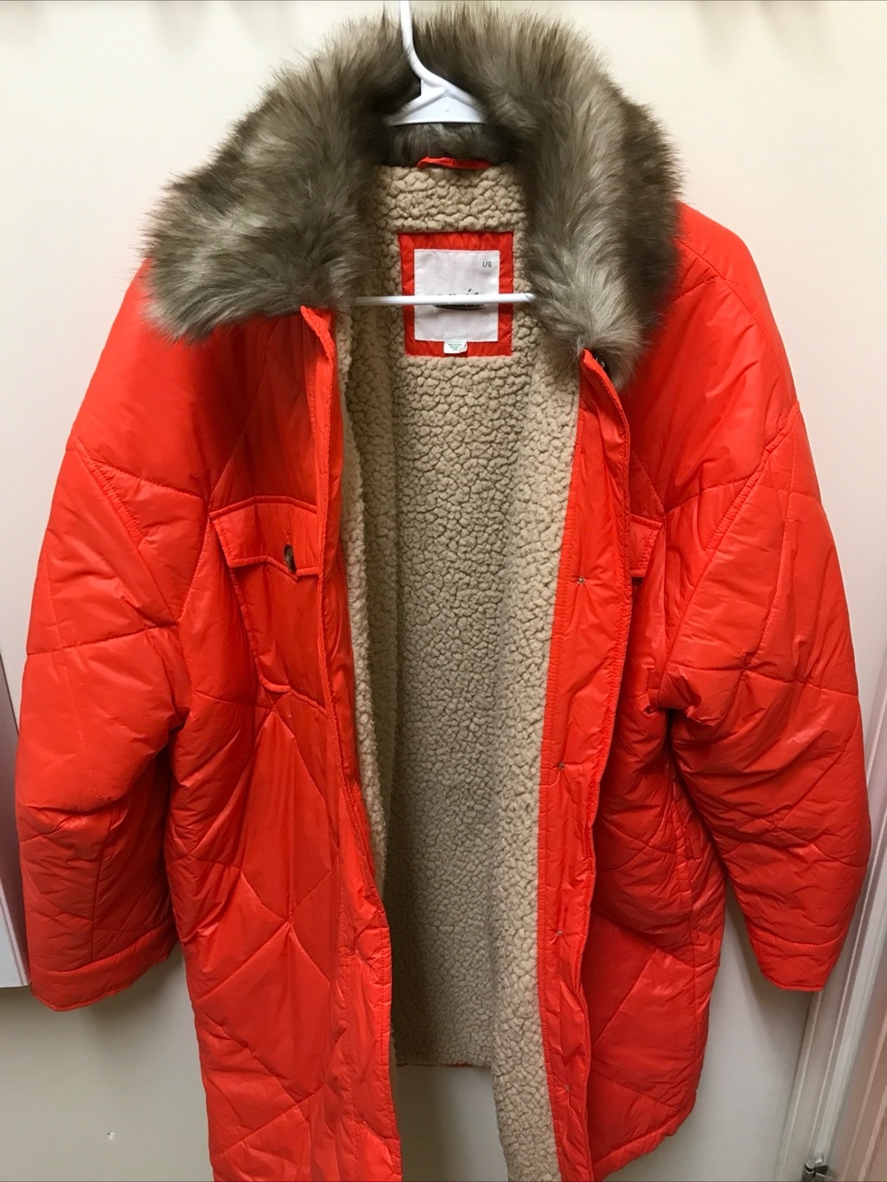 Women's Quilted Orange Parka with Faux Fur Collar